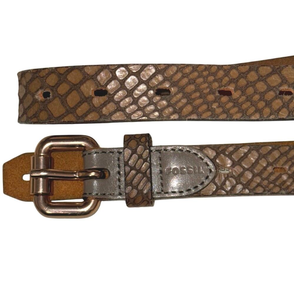 Fossil Brown Leather Snakeskin Print Skinny Belt Y2K